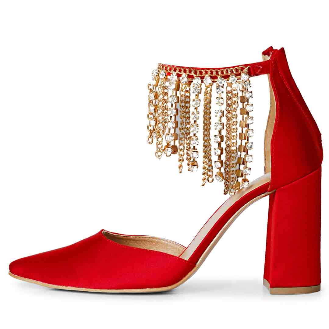 Saint Fayette Stone Studded Chain Red Satin Block Heels