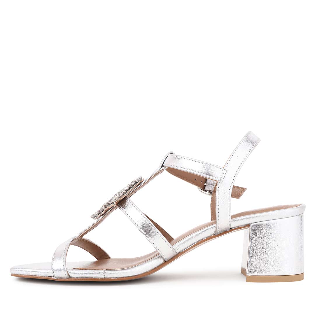 Saint Donya Stones Silver Metallic Leather Block Heels