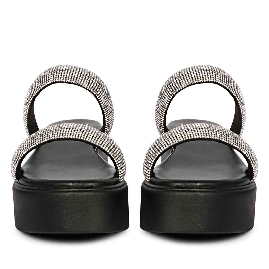 ViviBlu Black Leather Platform Sandals Embellished With Silver Straps