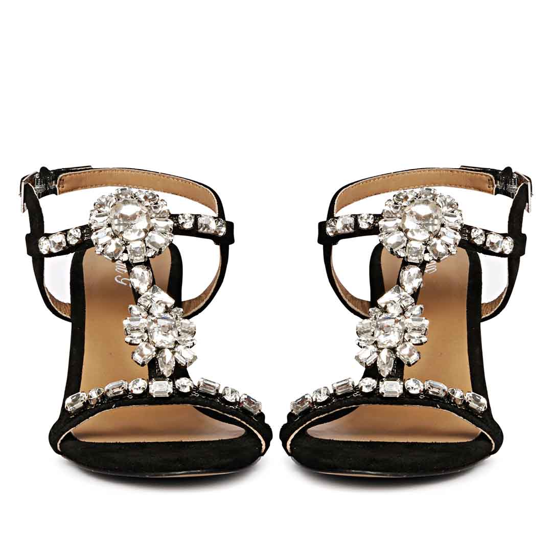 Saint Lucia Transparent Stone Embellished Black Suede Leather Block Heels