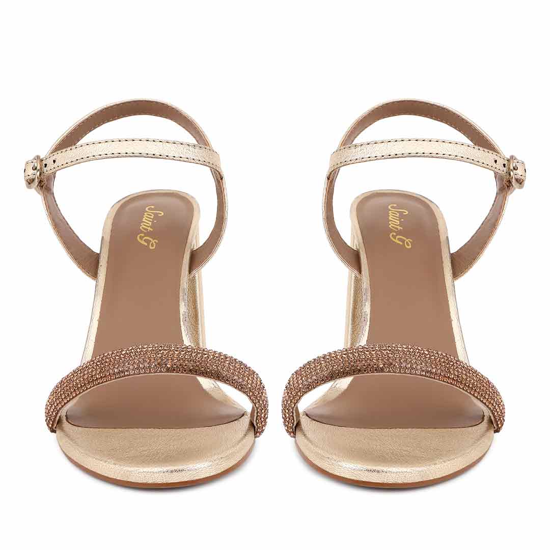 Saint Gracie Strass Embellished Metallic Gold Leather Block Heels