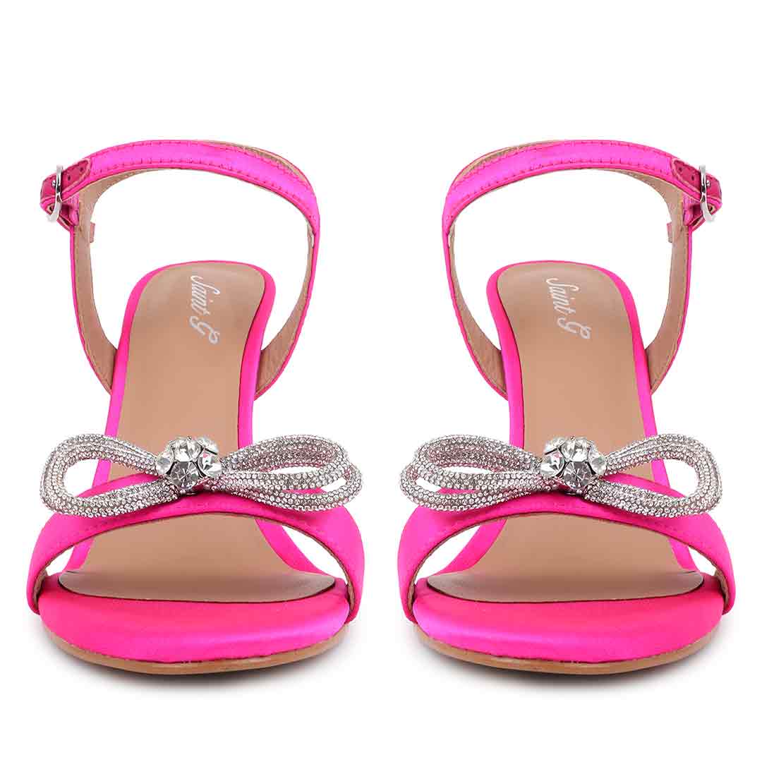 Saint Hayden Crystal Bow Hot Pink Leather-Satin Stilettos