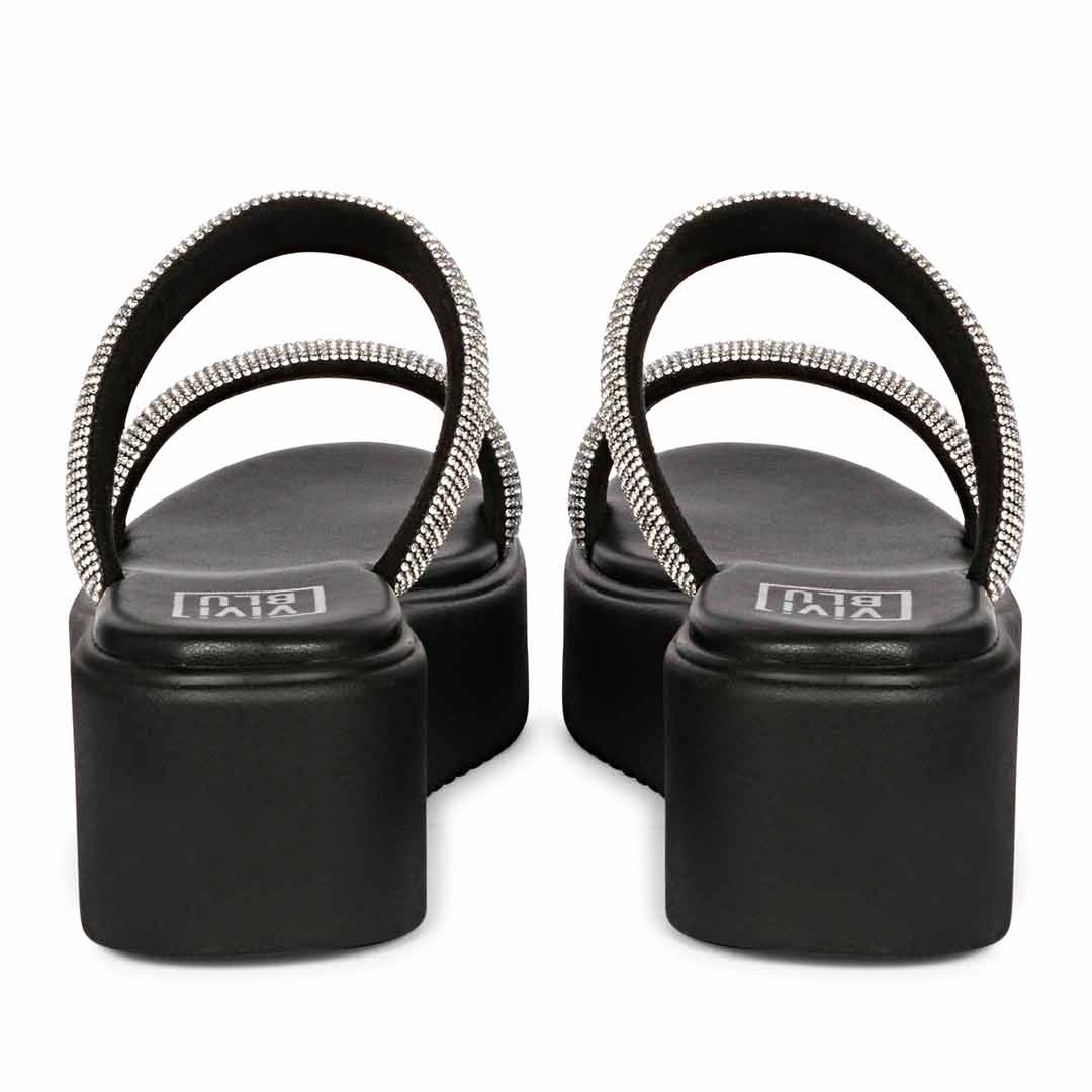 ViviBlu Black Leather Platform Sandals Embellished With Silver Straps