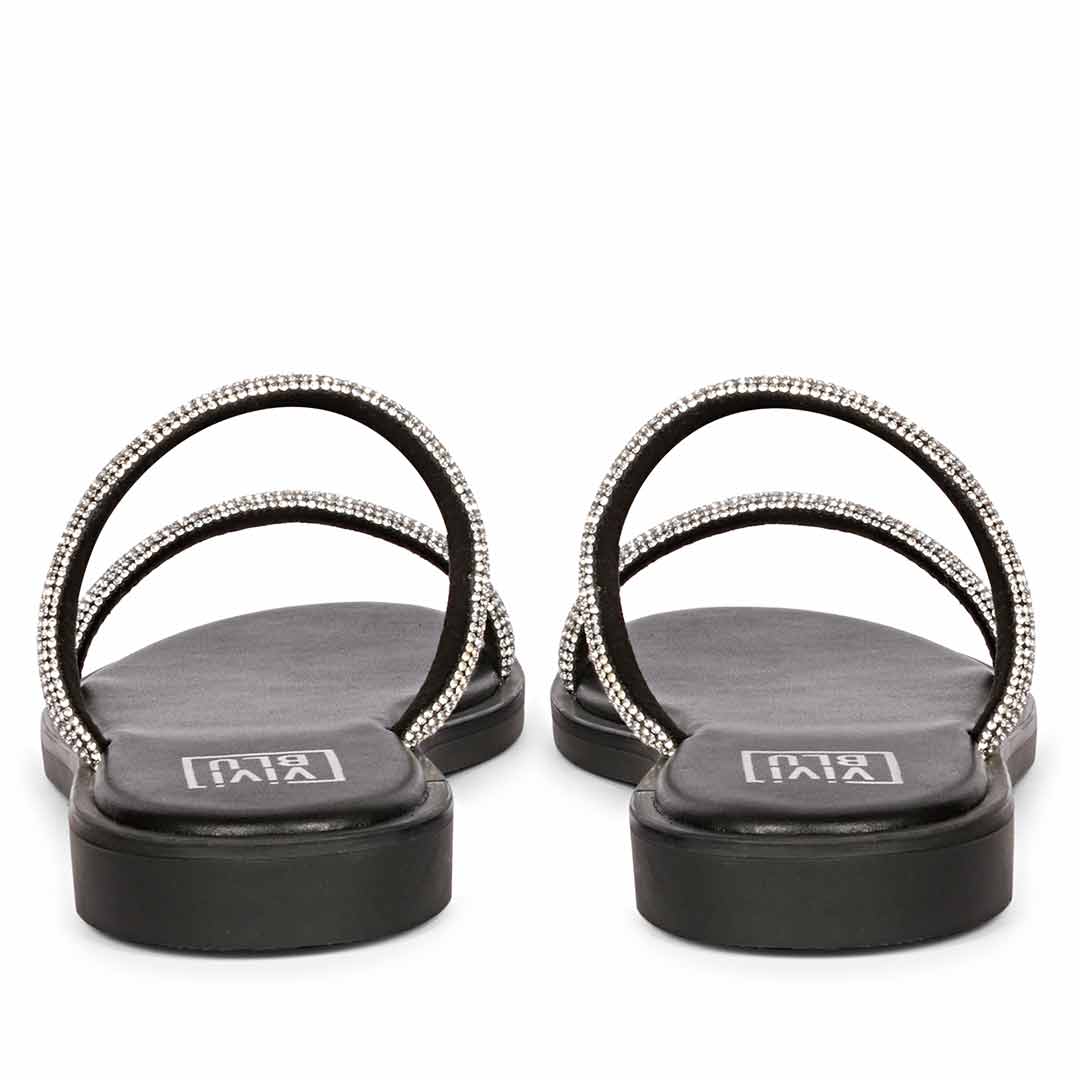 ViviBlu Black Leather Flat Sandals Embellished With Silver Straps