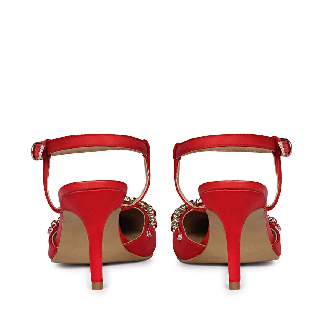 Leila Multi Stone Embellished Red Nylon Fabric Pumps