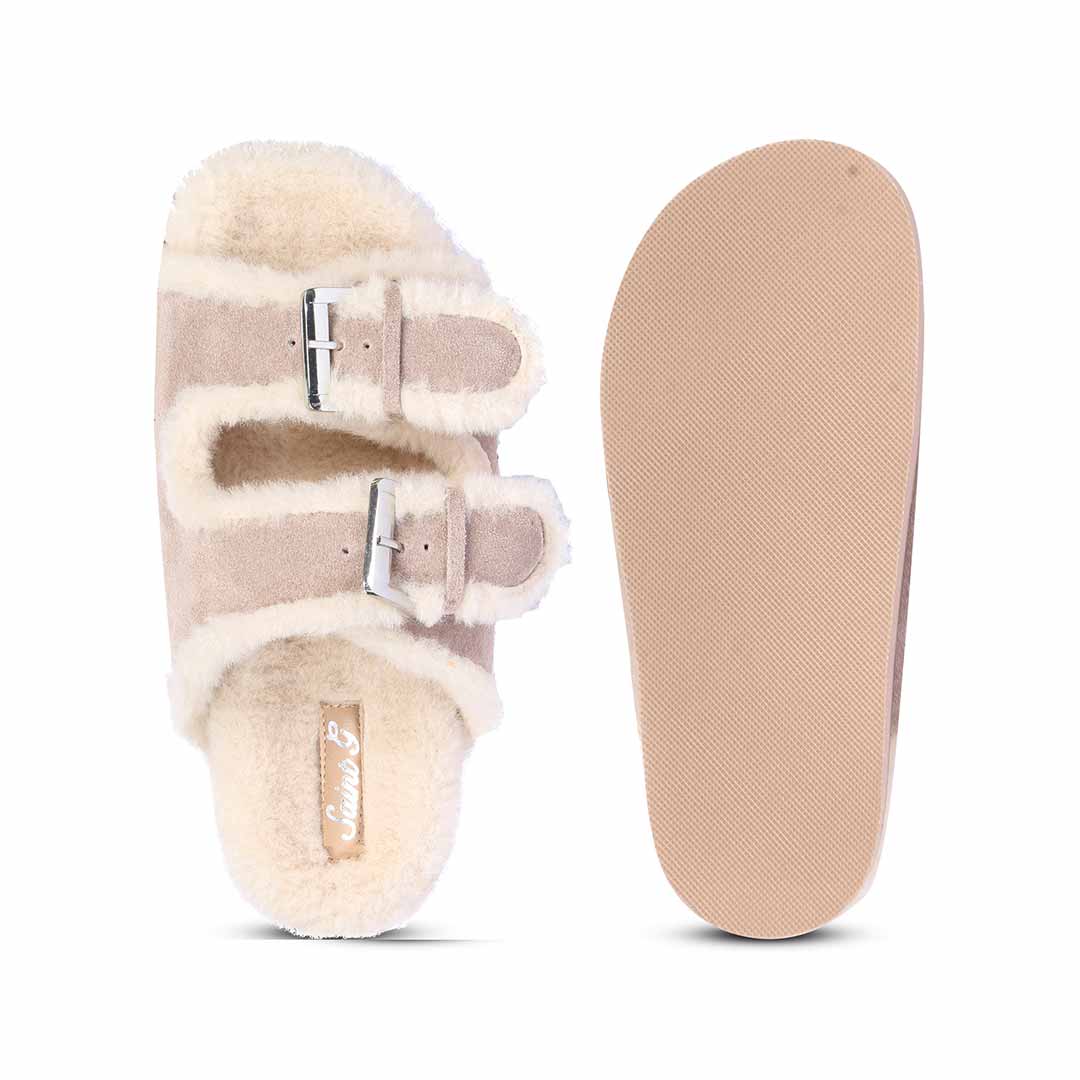 Saint Cosima Fur Taupe Suede Leather Snug Sandals