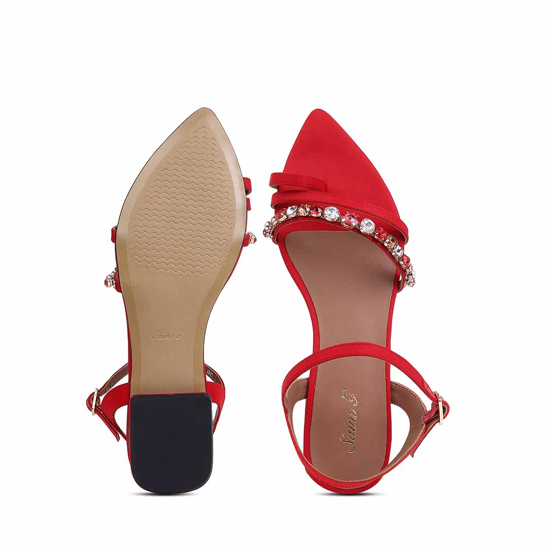 Annie Stone Embellished Red Nylon Fabric Sandals