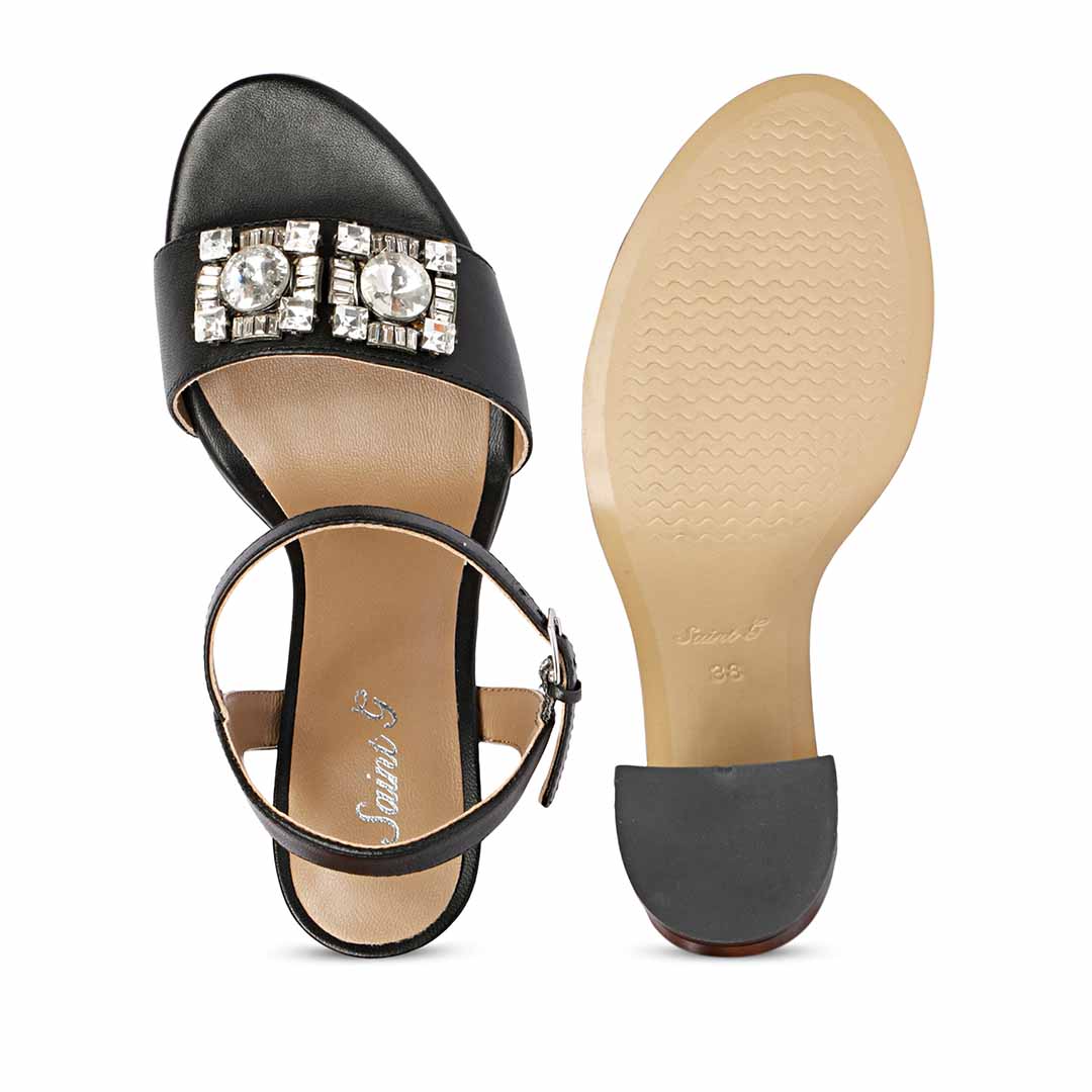 Saint Macy Silver Stone Jewel Black Leather Block Heels