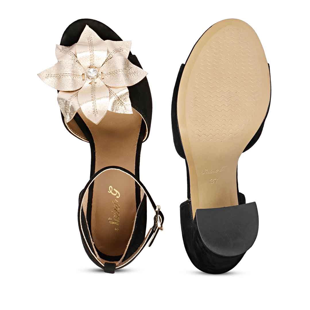 Saint Lilly Gold Flower Embellished Black Leather Block Heel