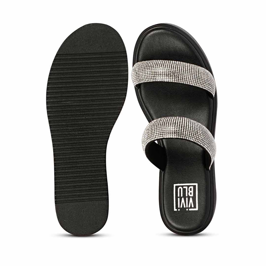 ViviBlu Black Leather Platform Sandals Embellished With Silver Straps