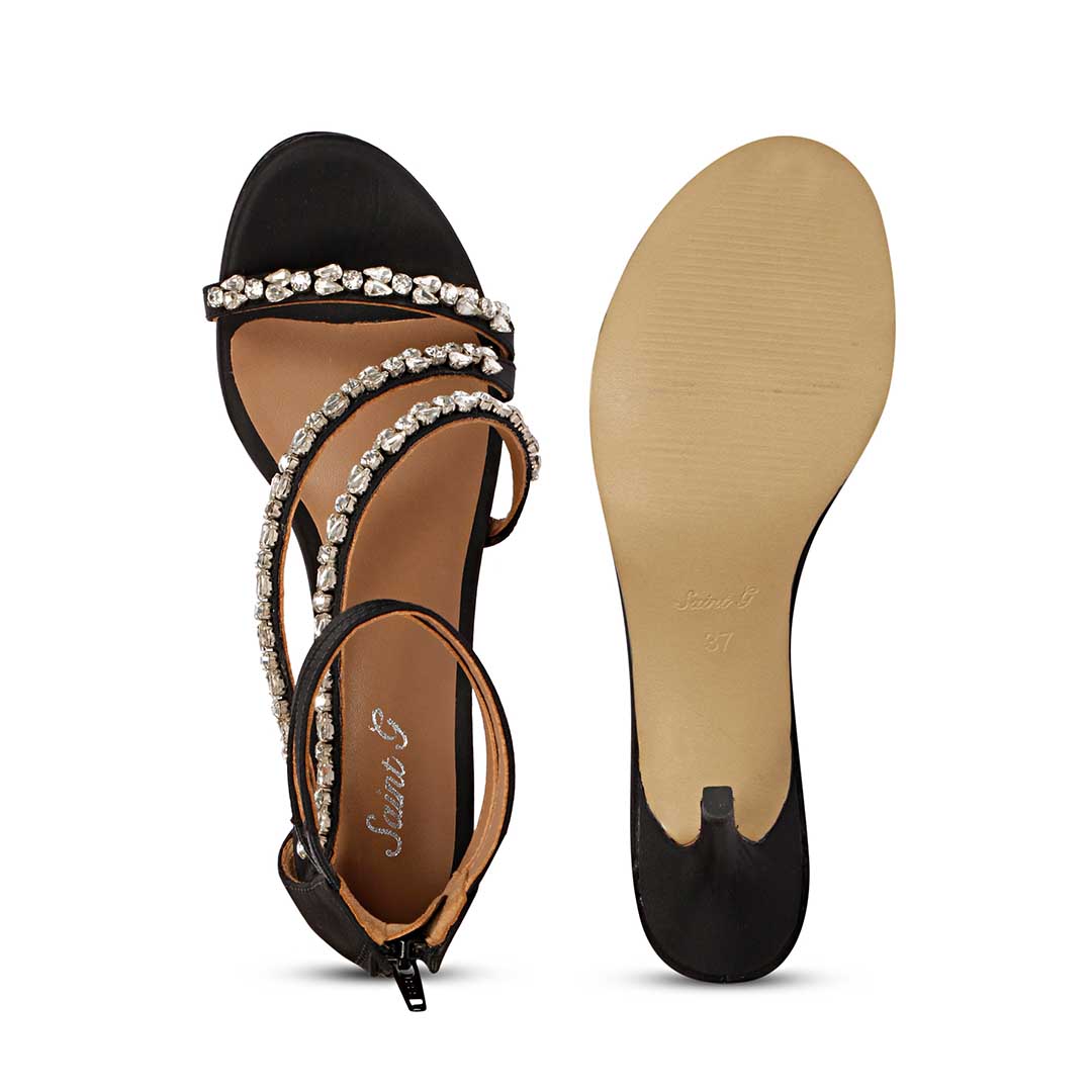 Saint Vittoria Silver Stone Strappy Black Leather Stilettos