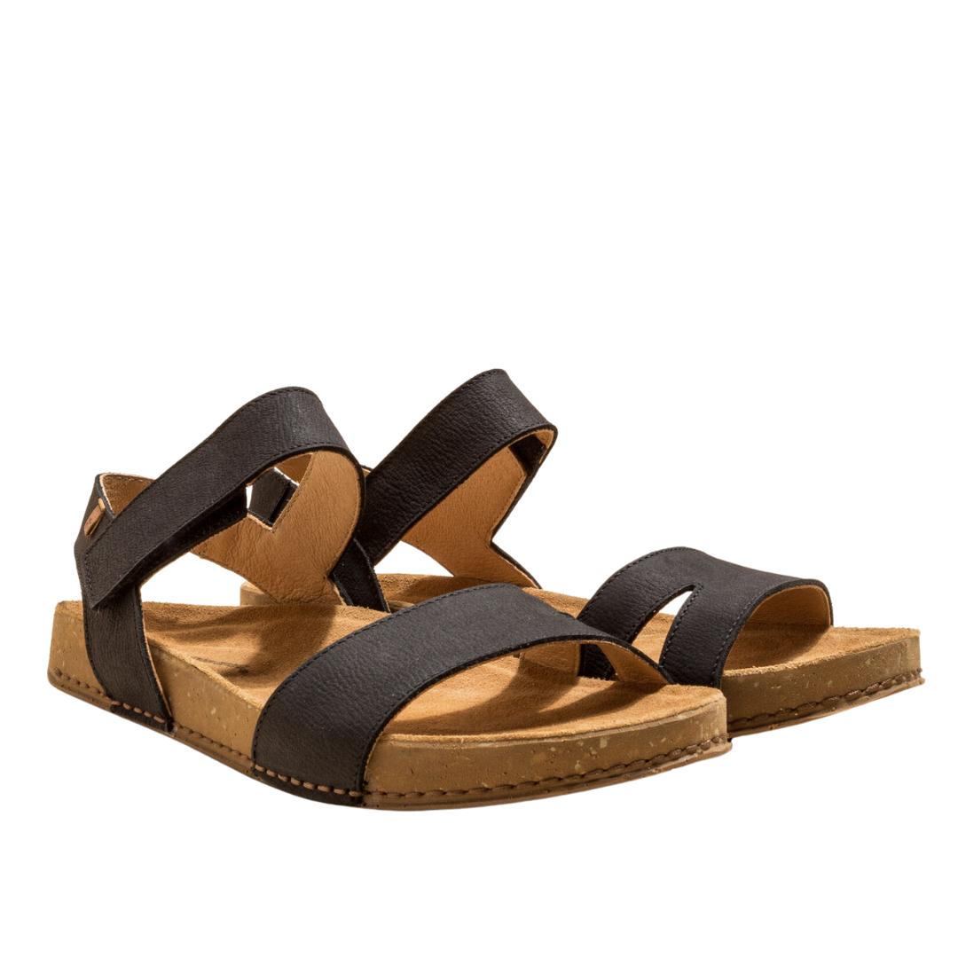El Naturalista Black Embellished Leather Block Sandals with Buckle