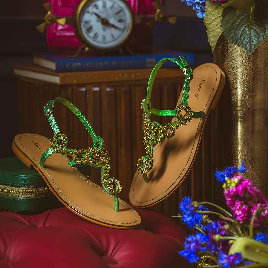 Saint Kaia Gold Stone Metallic Green Leather Sandals