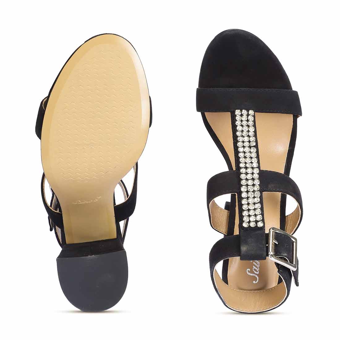Saint Silvia Jewel Stone Decor Black Suede Leather Heels