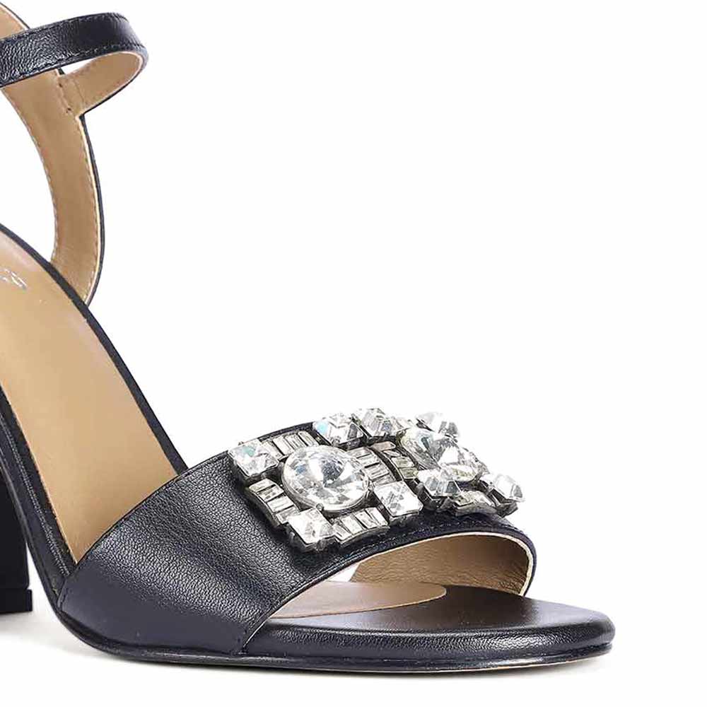 Macy Silver Stone Jewel Black Leather Block Heels