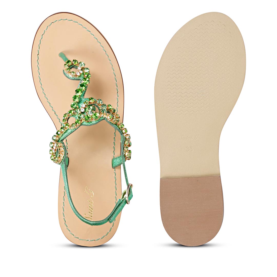 Saint Kaia Gold Stone Metallic Green Leather Sandals
