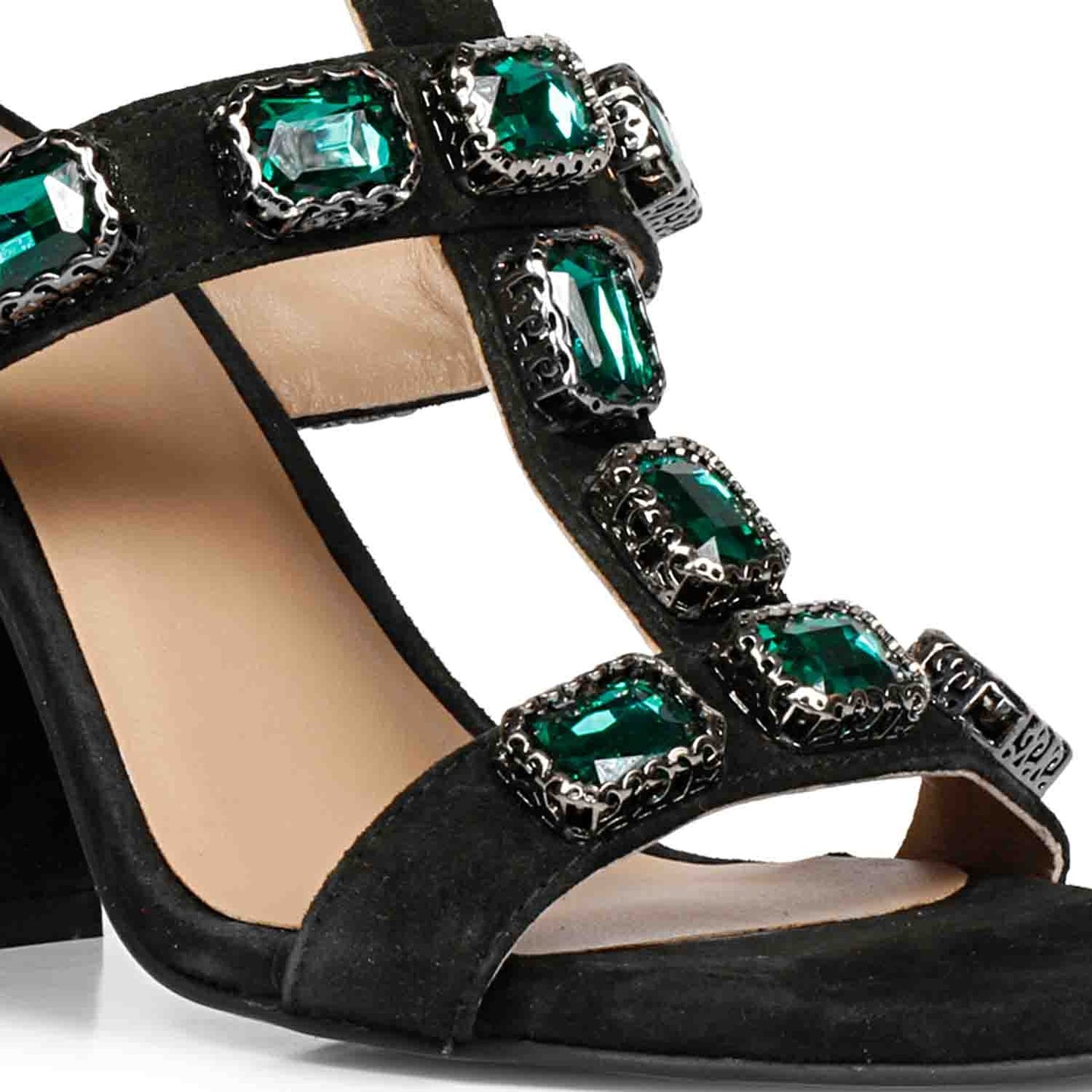 Saint Shirley Heels: Black Leather, Stylish Green Stone Embellishments