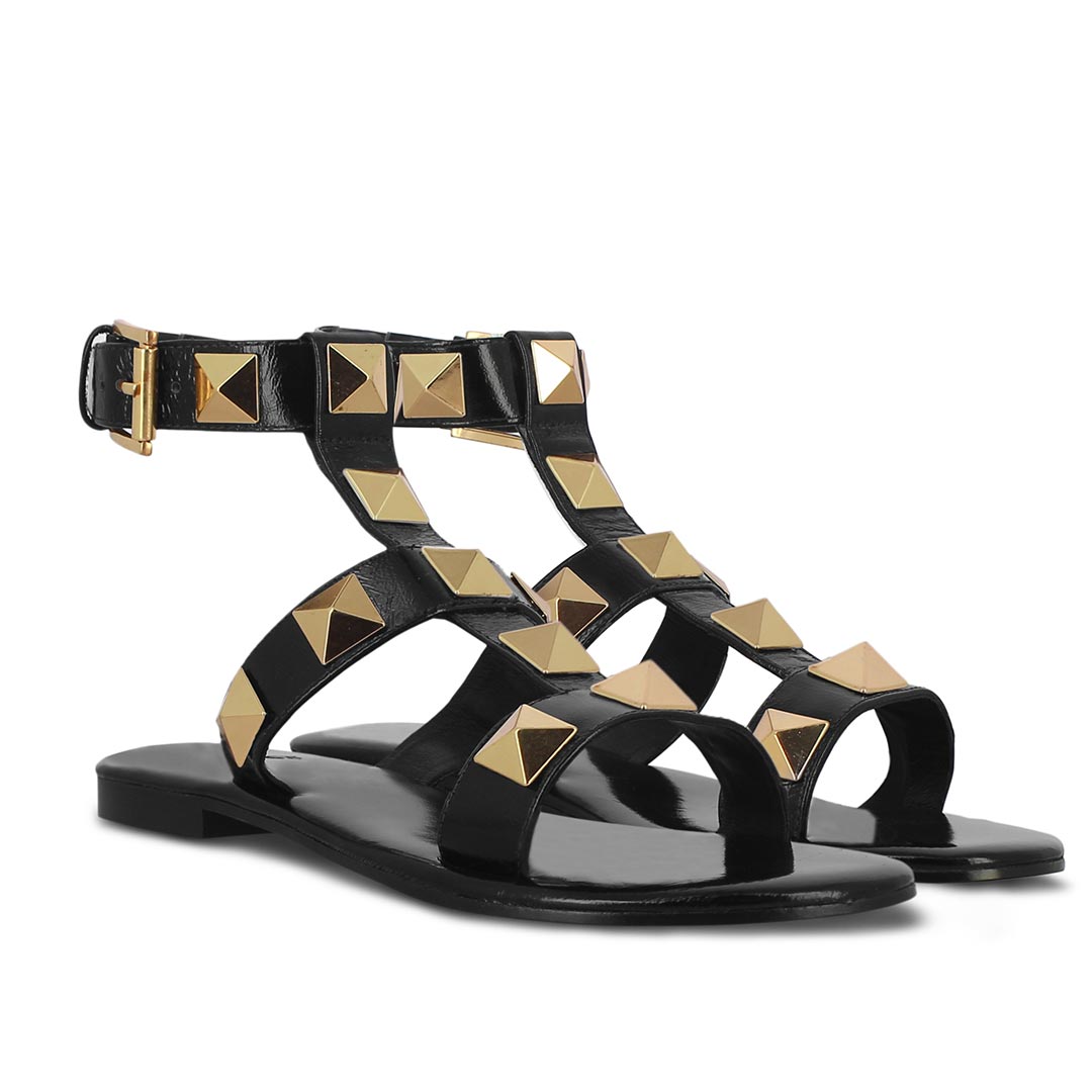 Saint Gaia Black Leather Flat Buckle Sandals: Elegant, versatile flats with a chic buckle design for timeless style and comfort.