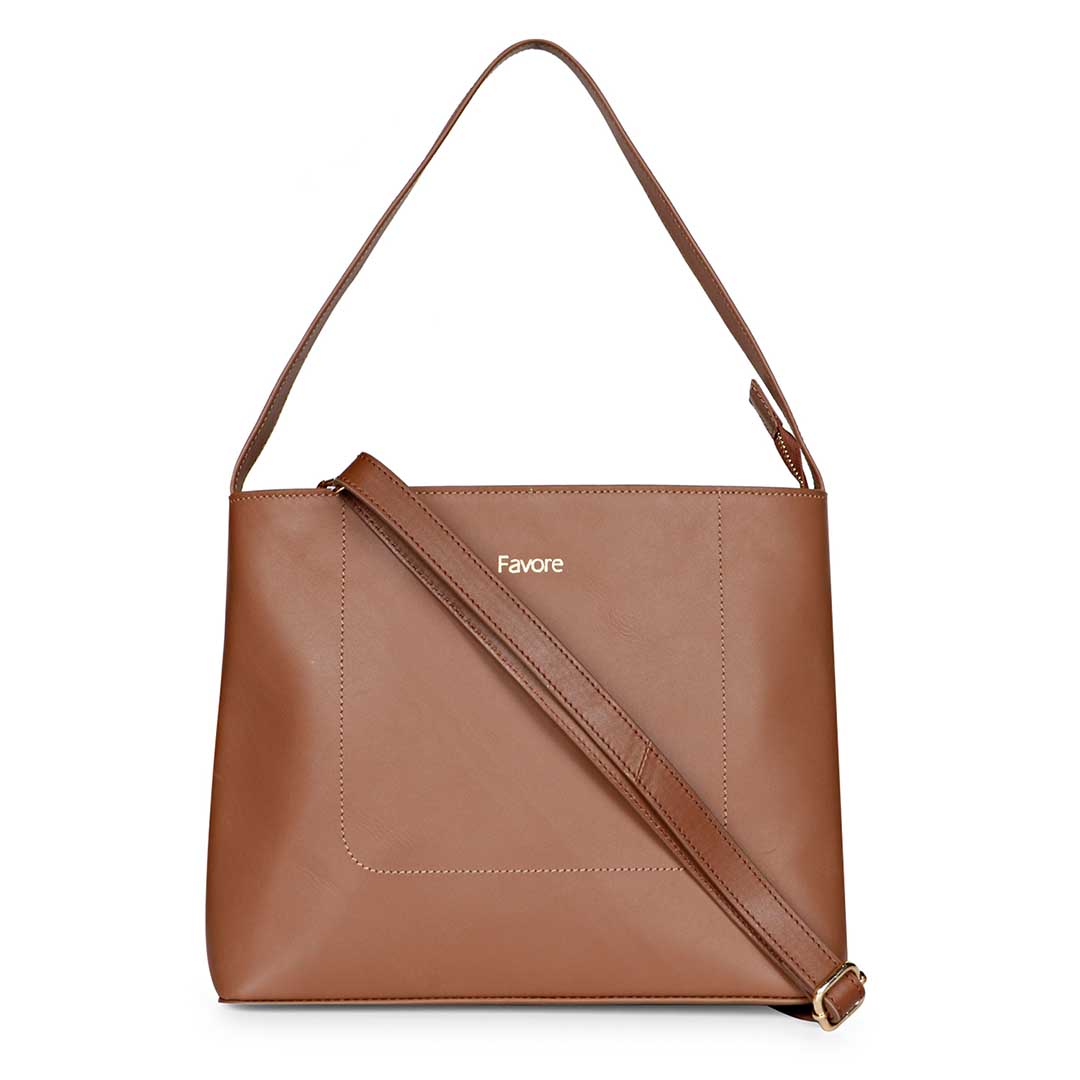 Favore Tan Leather Oversized Structured Shoulder Bag