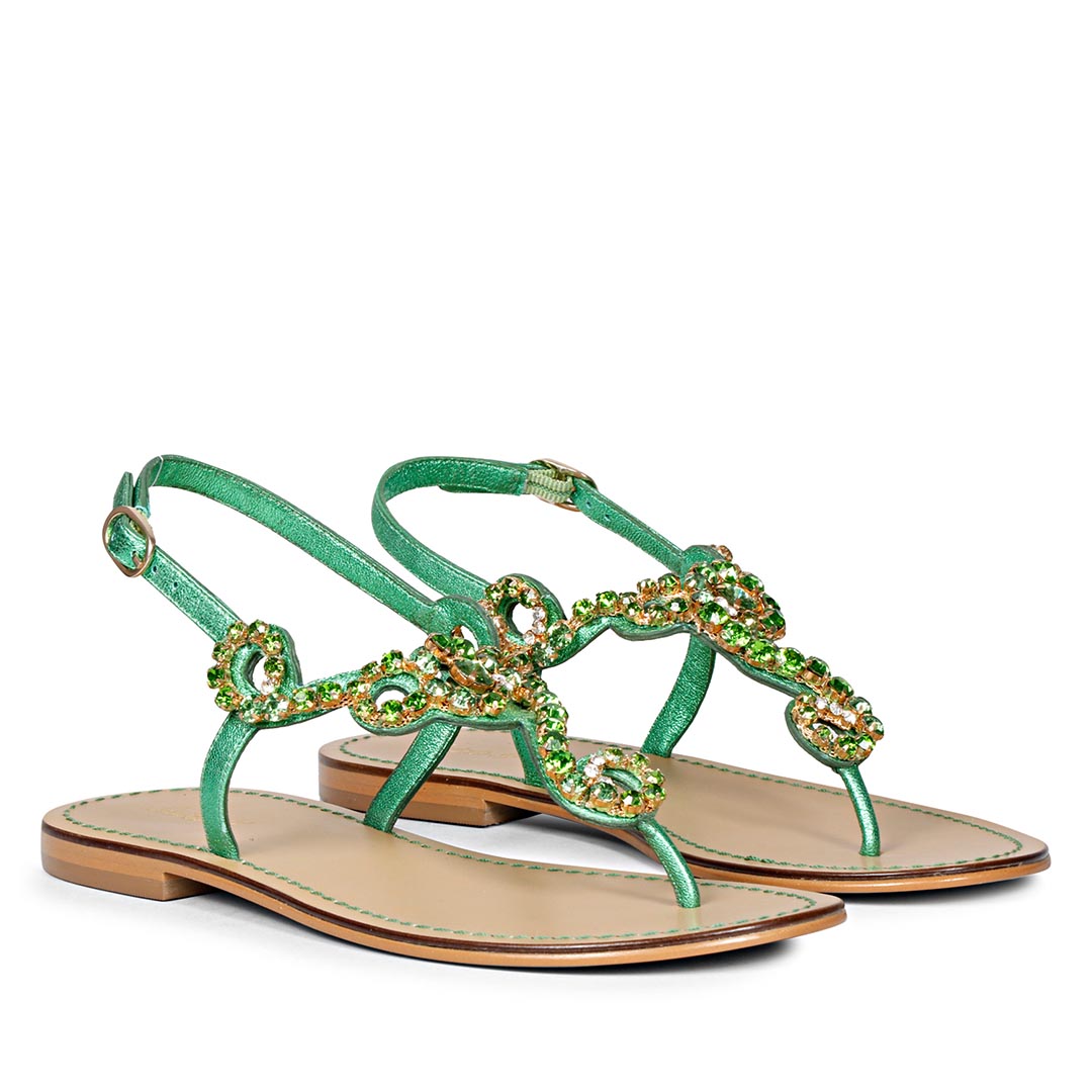 Saint Kaia Gold Stone Metallic Green Leather Sandals