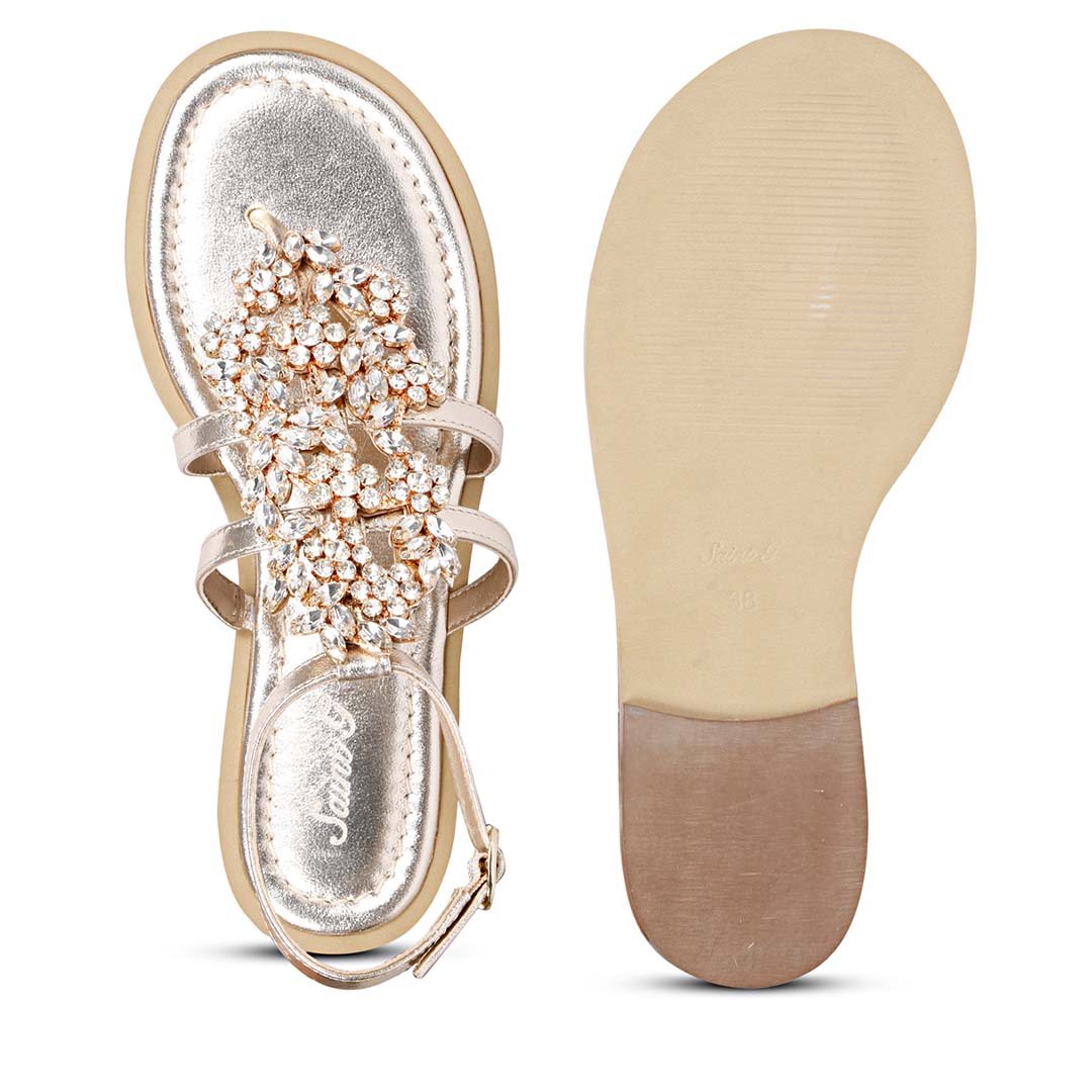 Saint Jenna Silver Stone Adorned Gold Leather Flat Sandals