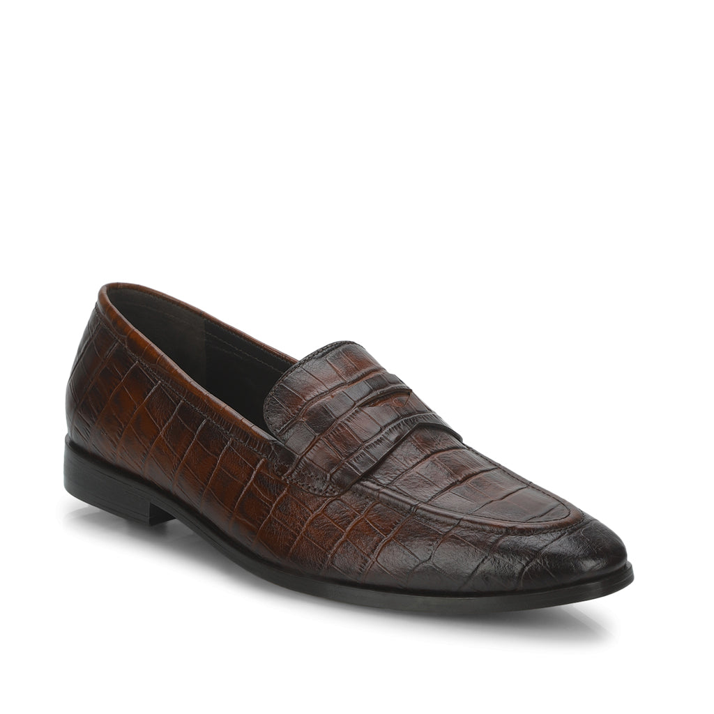 Saint Ansprand Brown Croco Embossed Leather Loafers - SaintG