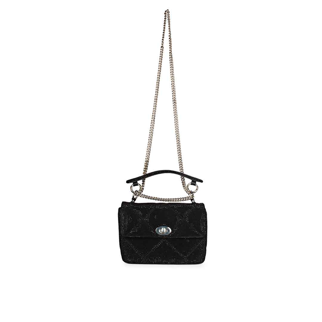 Alayna Black Leather Crystal Shoulder Bags With Detachable Handel