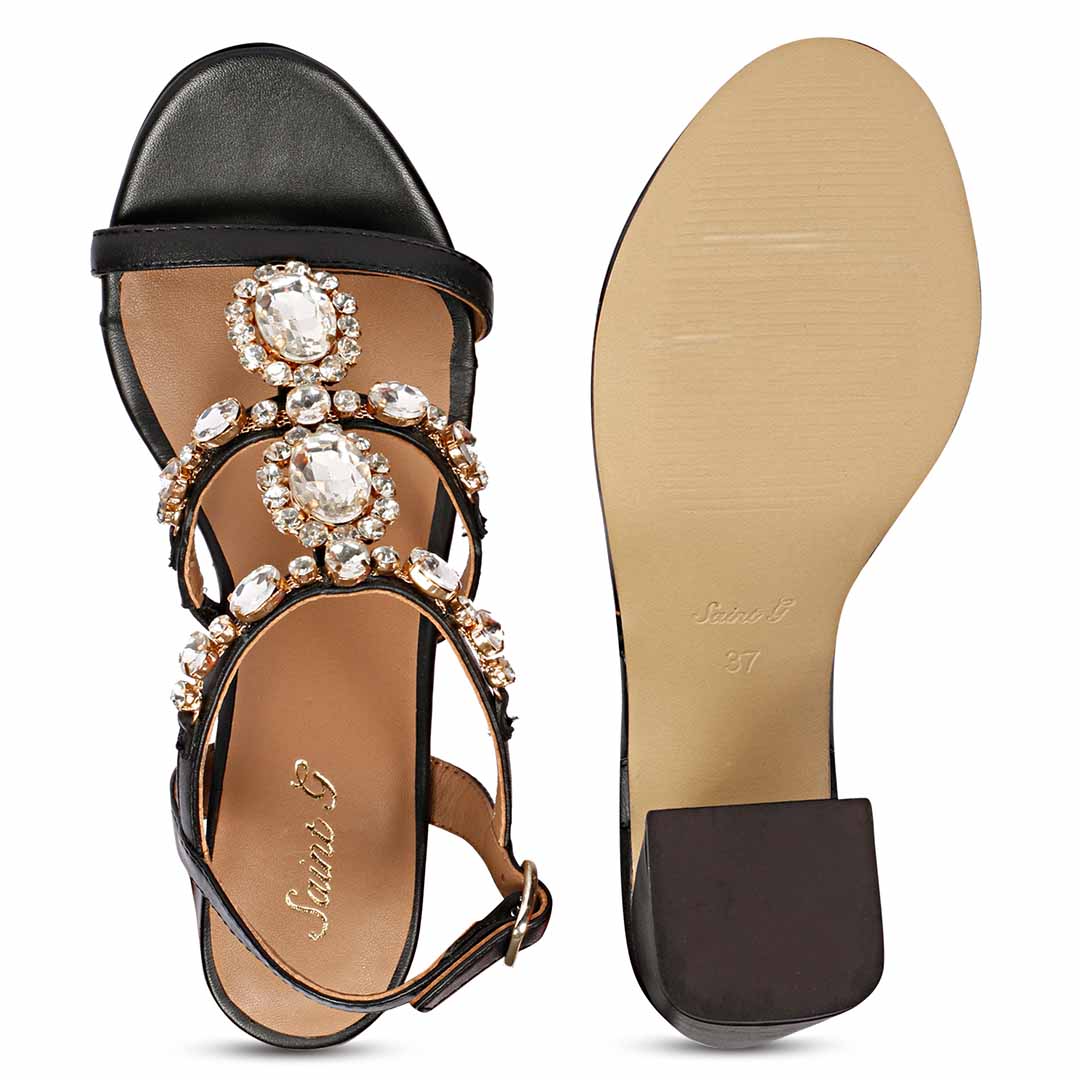 Saint Enriqueta Stone Adorned Black Leather Block Heels