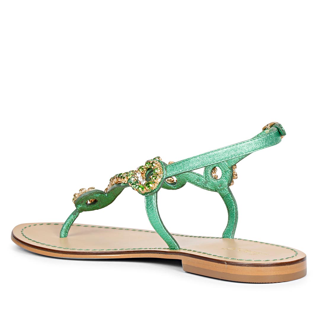 Saint Kaia Gold Stone Metallic Green Leather Sandals