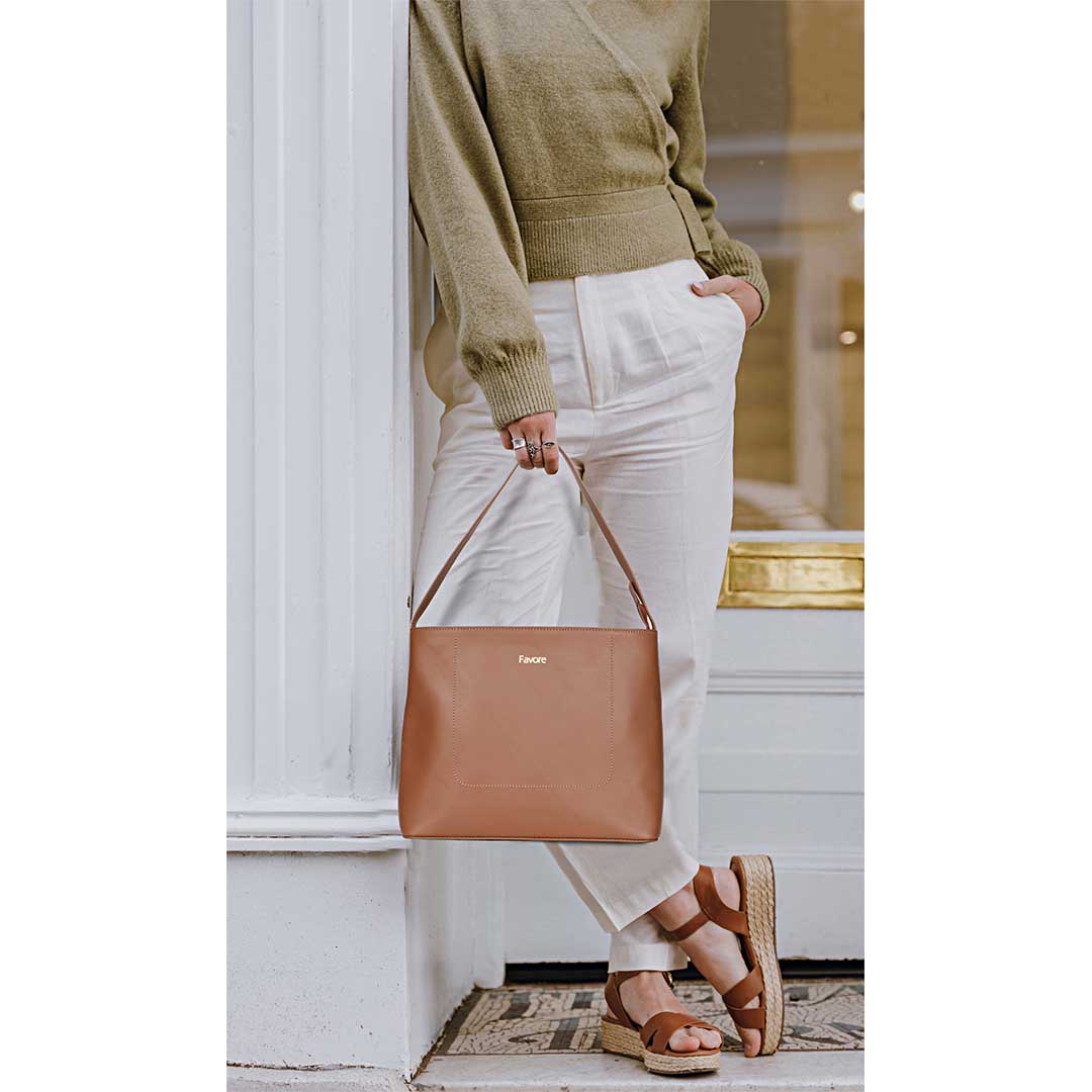 Favore Tan Leather Oversized Structured Shoulder Bag