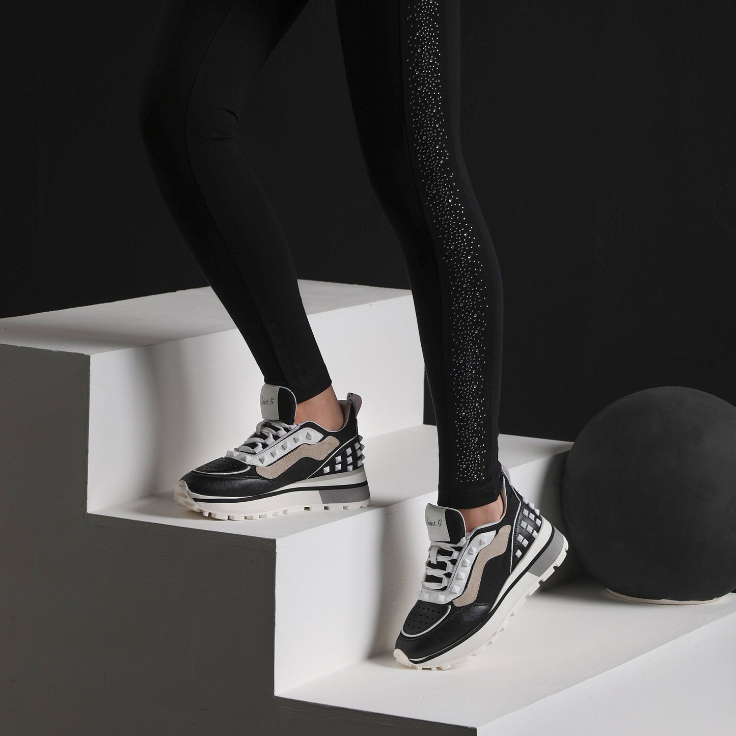 Whitesta Ginevra White Black Grey Leather Sneakers