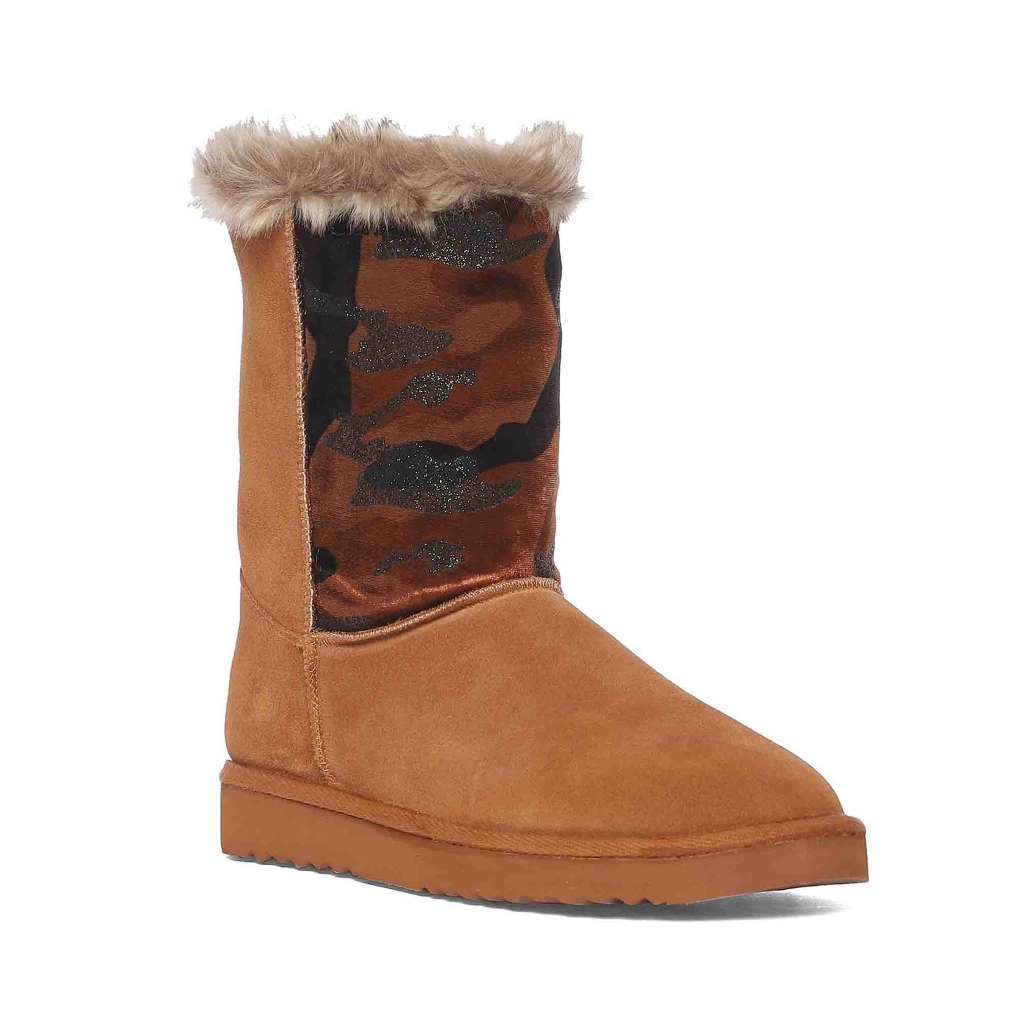 Saint Honora Tan Camo Boots: Stylish Italian fabric-leather snug boots in a unique tan camo design for fashion-forward comfort