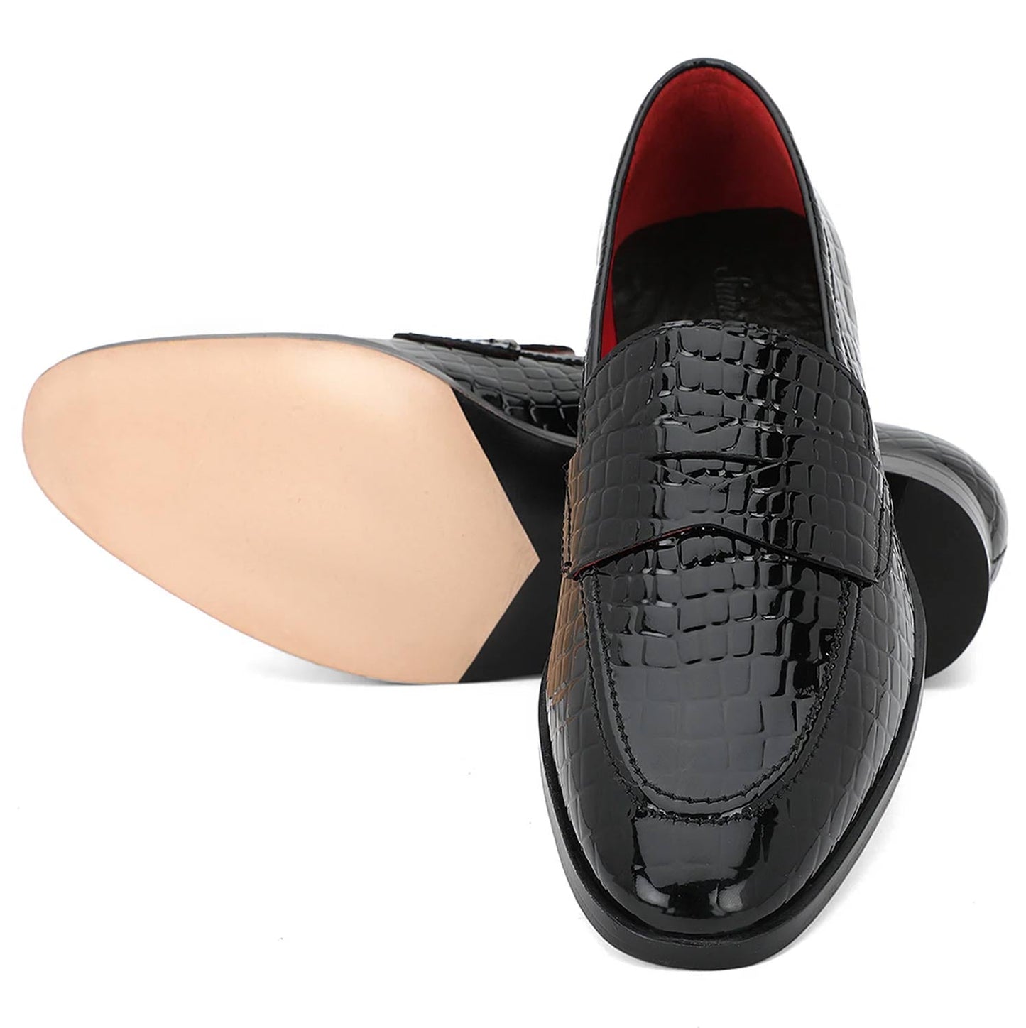 Saint Lucas Black Croco Patent Leather Moccasins