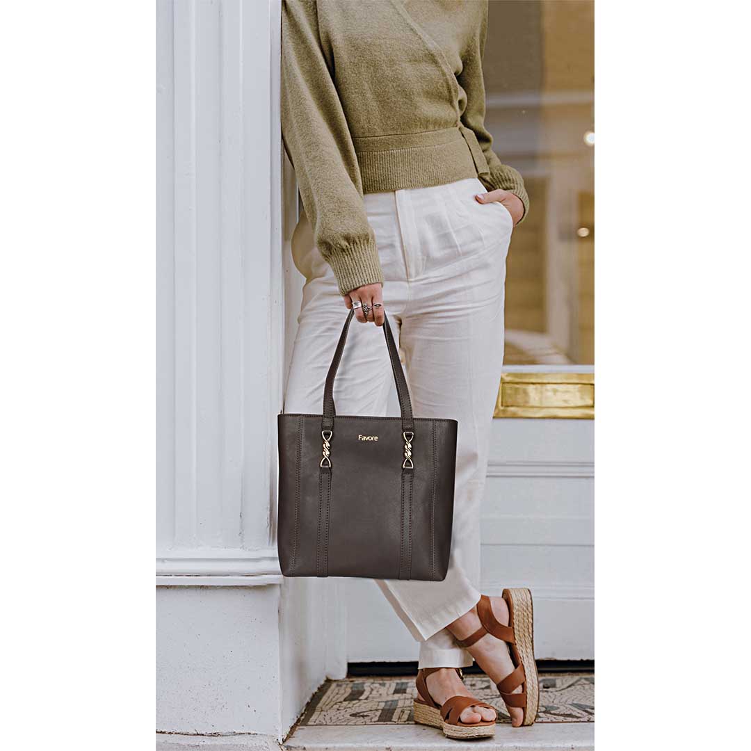 Favore Dark Chocolate womens Leather Shopper Tote Bag