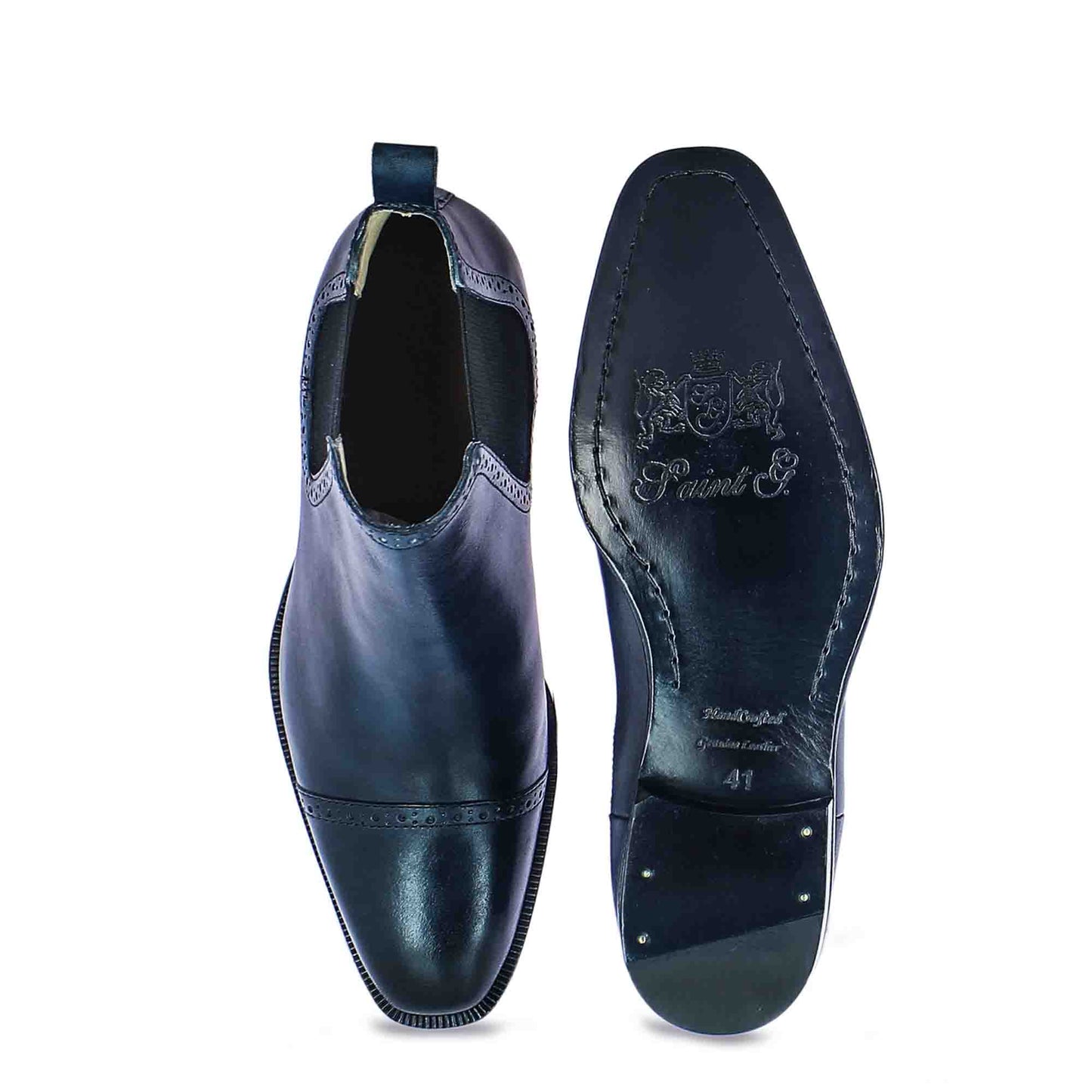 Whitesta Frederico Navy Leather Brogue Detail Chelsea Boots