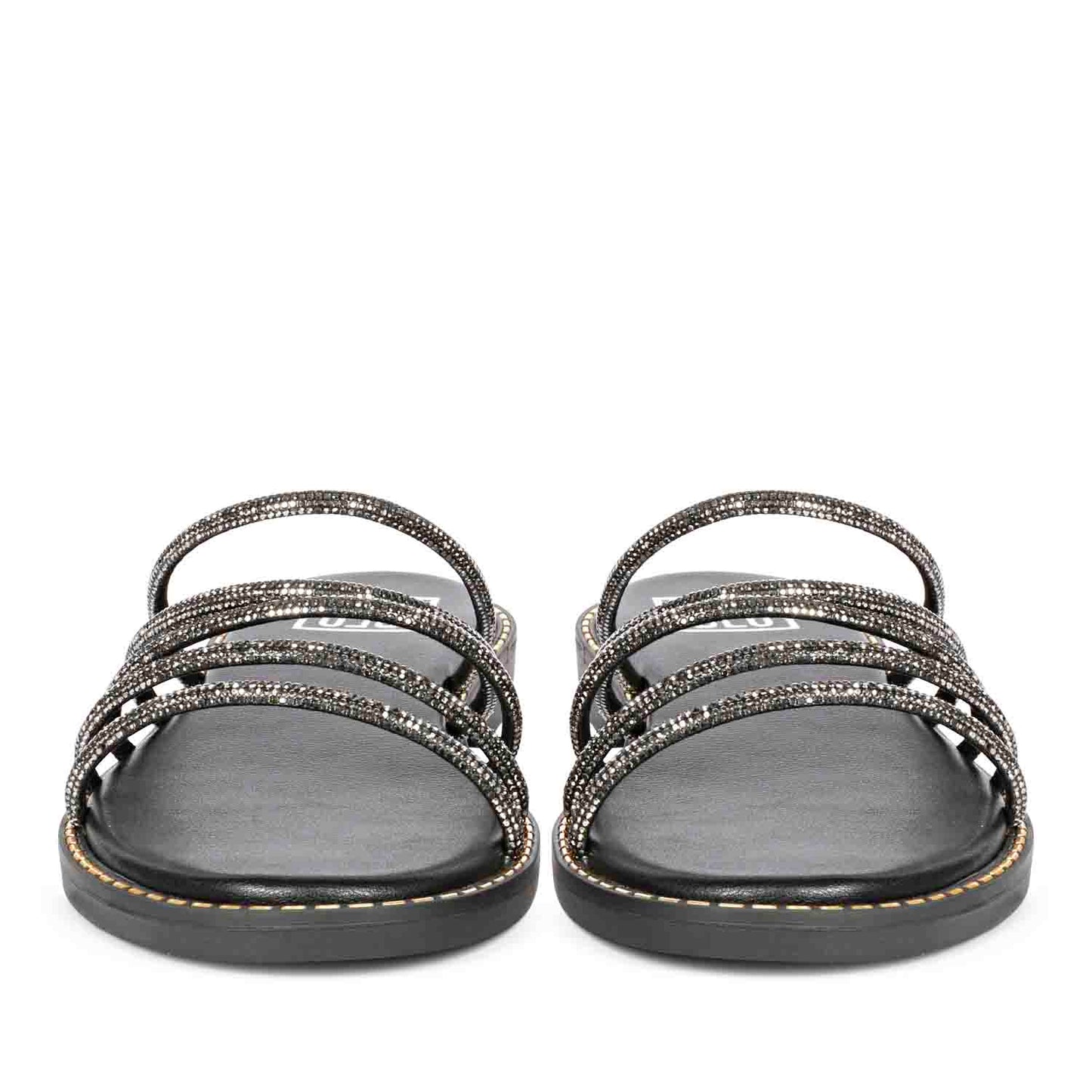 ViviBlu Black Leather Flat Sandals Embellished With Gun Metallic Straps