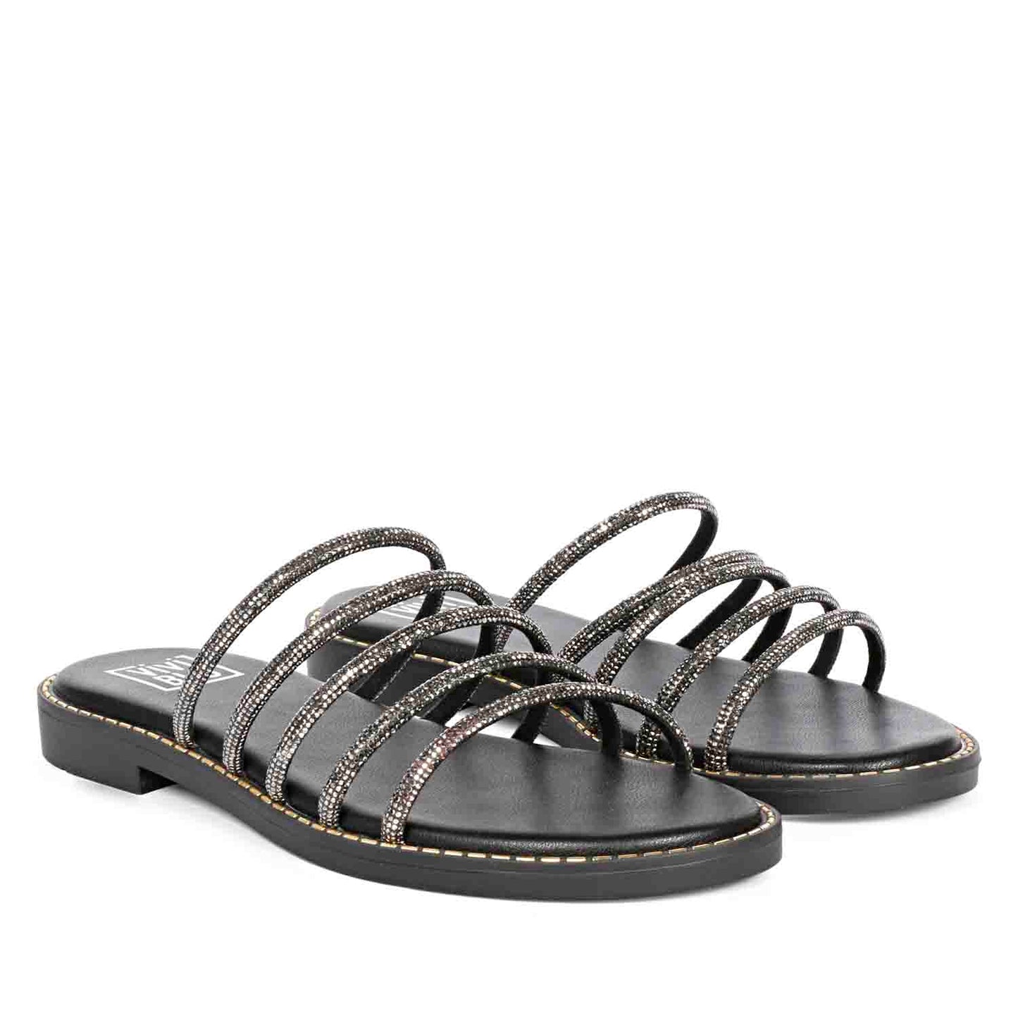ViviBlu Black Leather Flat Sandals Embellished With Gun Metallic Straps