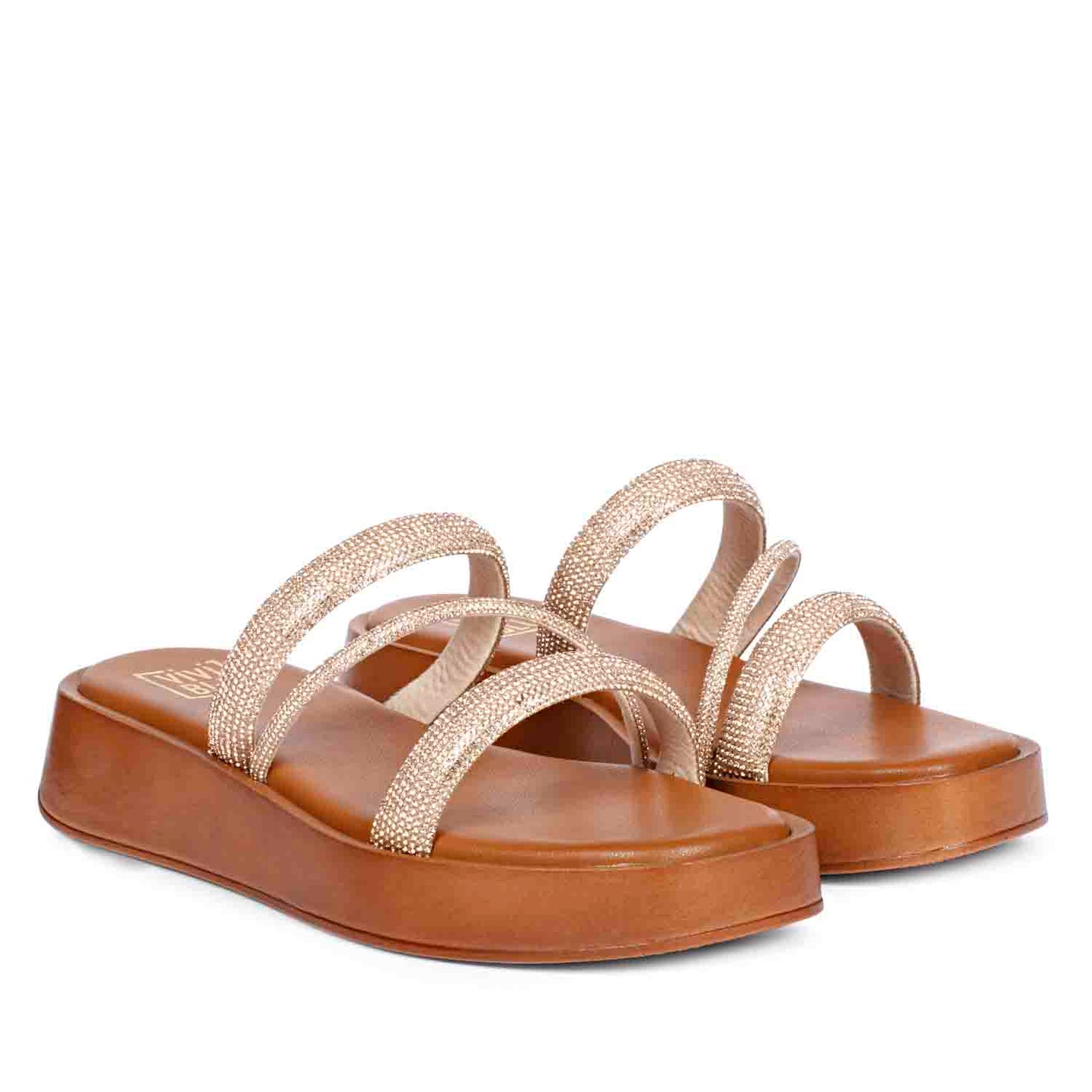 ViviBlu Cuoio Leather Platform Sandals Embellished With Champagne Straps