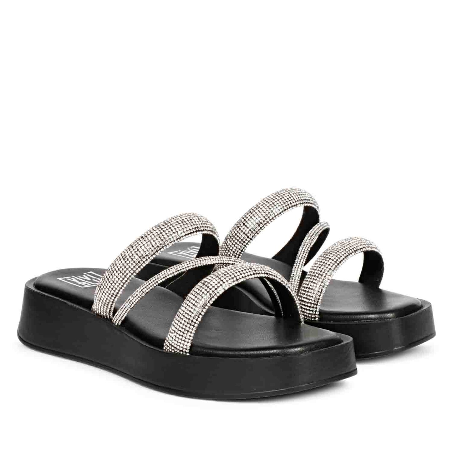 ViviBlu Black Leather Platform Sandals Embellished With Silver Straps