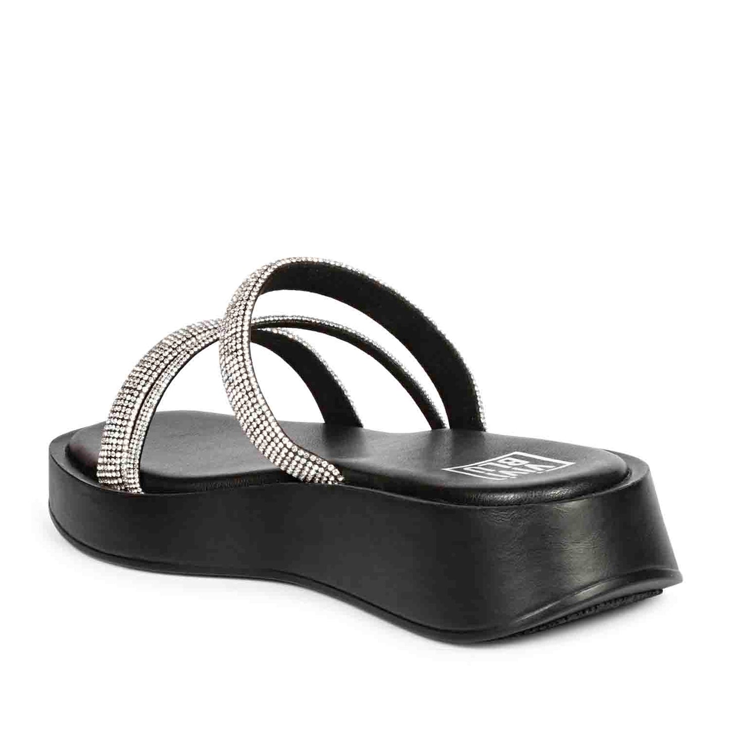 ViviBlu Black Leather Platform Sandals Embellished With Silver Straps