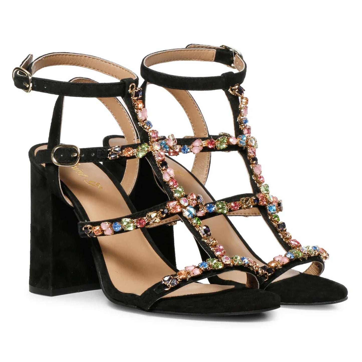 Striking black heels with intricate stone detailing by Saint Gretel.