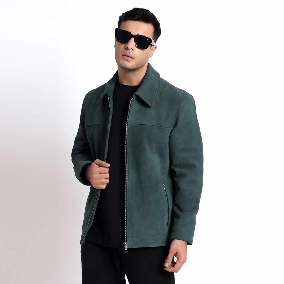 Saint Cristo Dark Green Suede Leather Men's Jacket With Collars