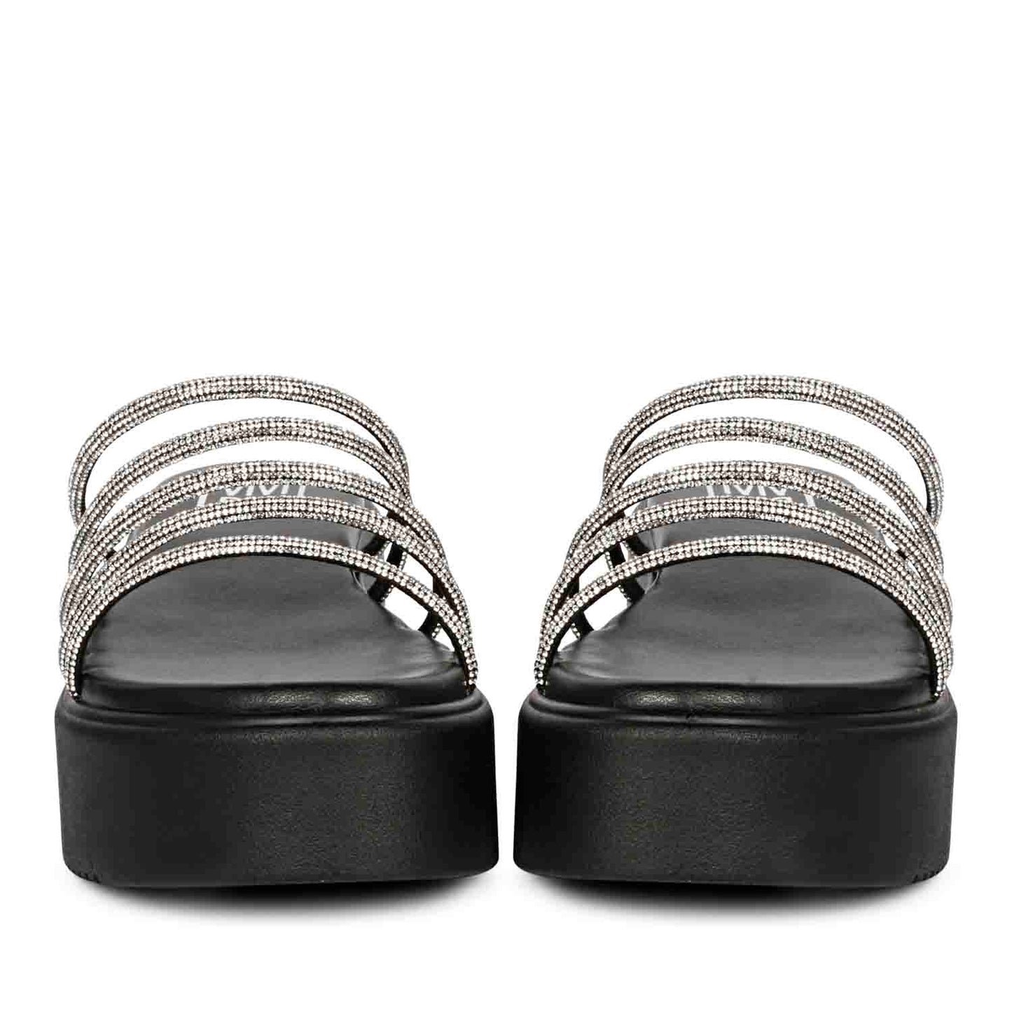 ViviBlu Black Leather Platform Sandals Embellished With White Straps