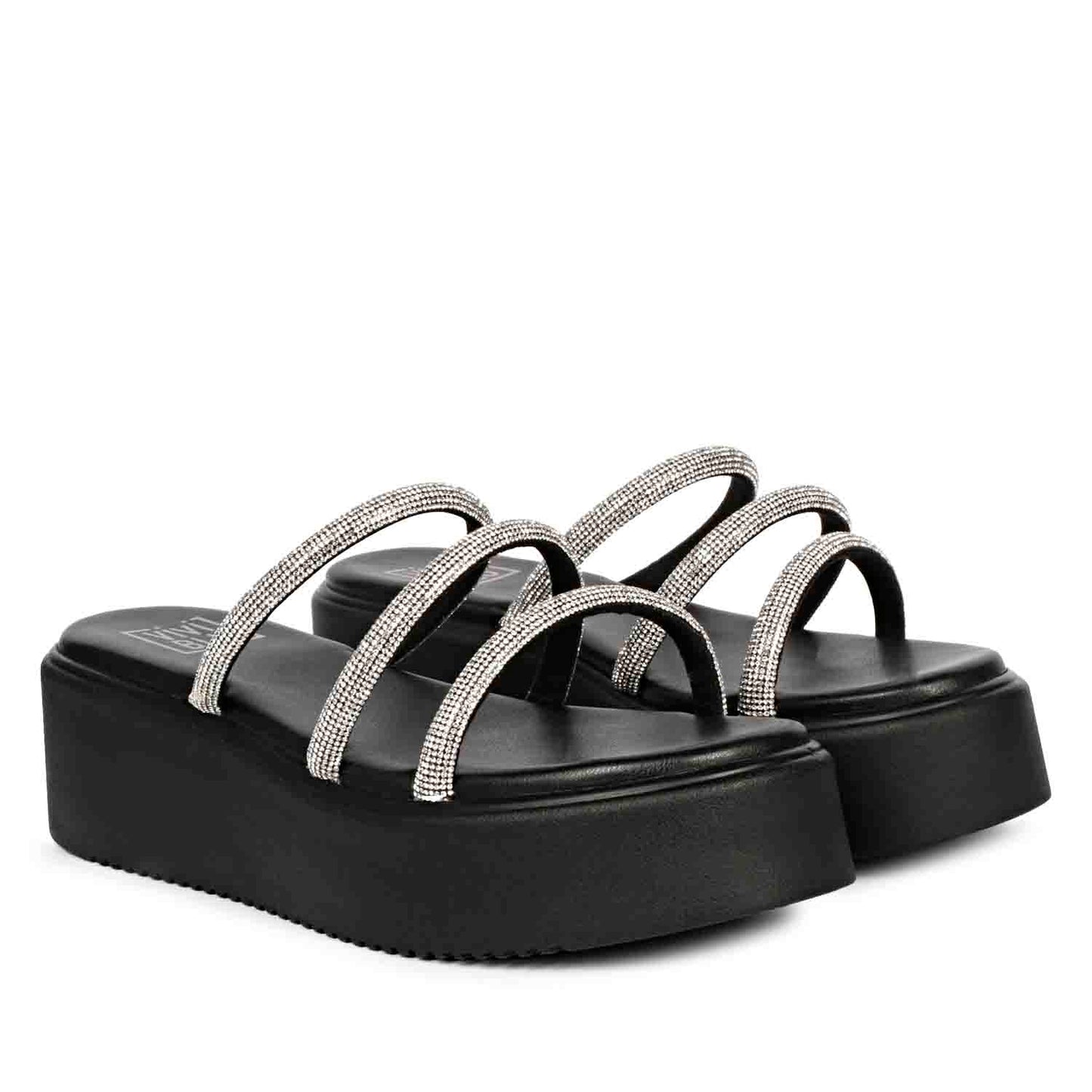ViviBlu Black Leather Platform Sandals Embellished With White Straps