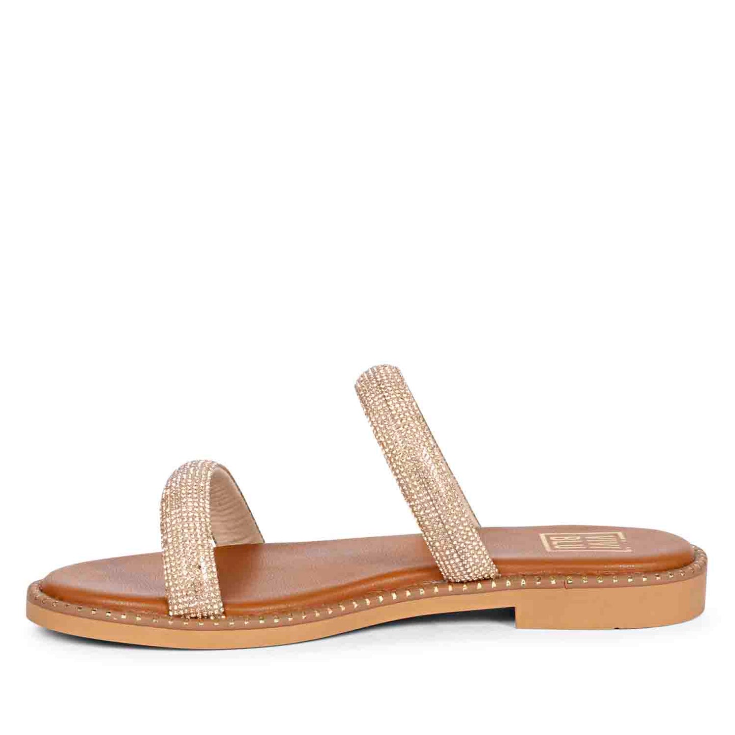 ViviBlu Tan Leather Flat Sandals Embellished With Champange Straps