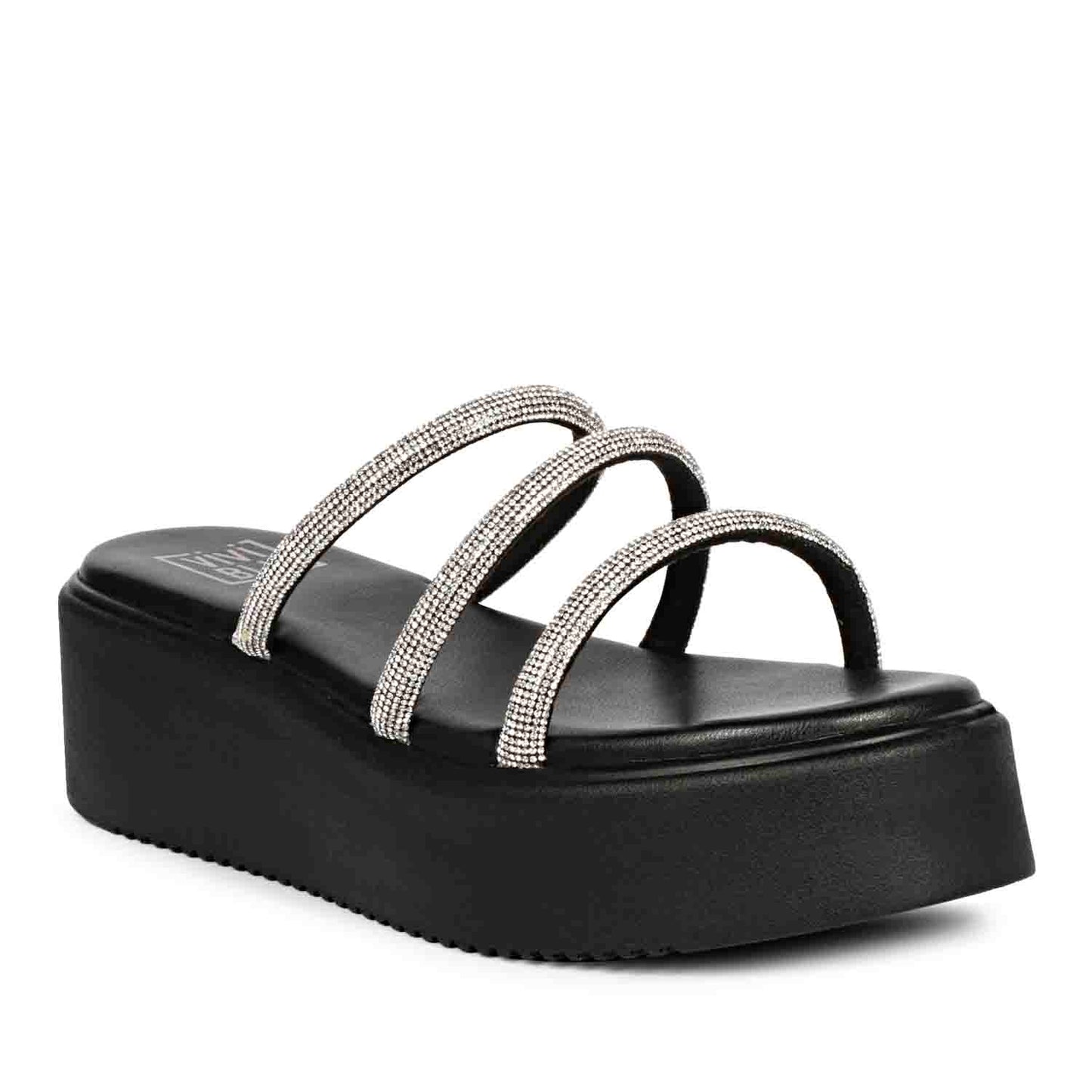 ViviBlu Black Leather Platform Sandals Embellished With White Straps