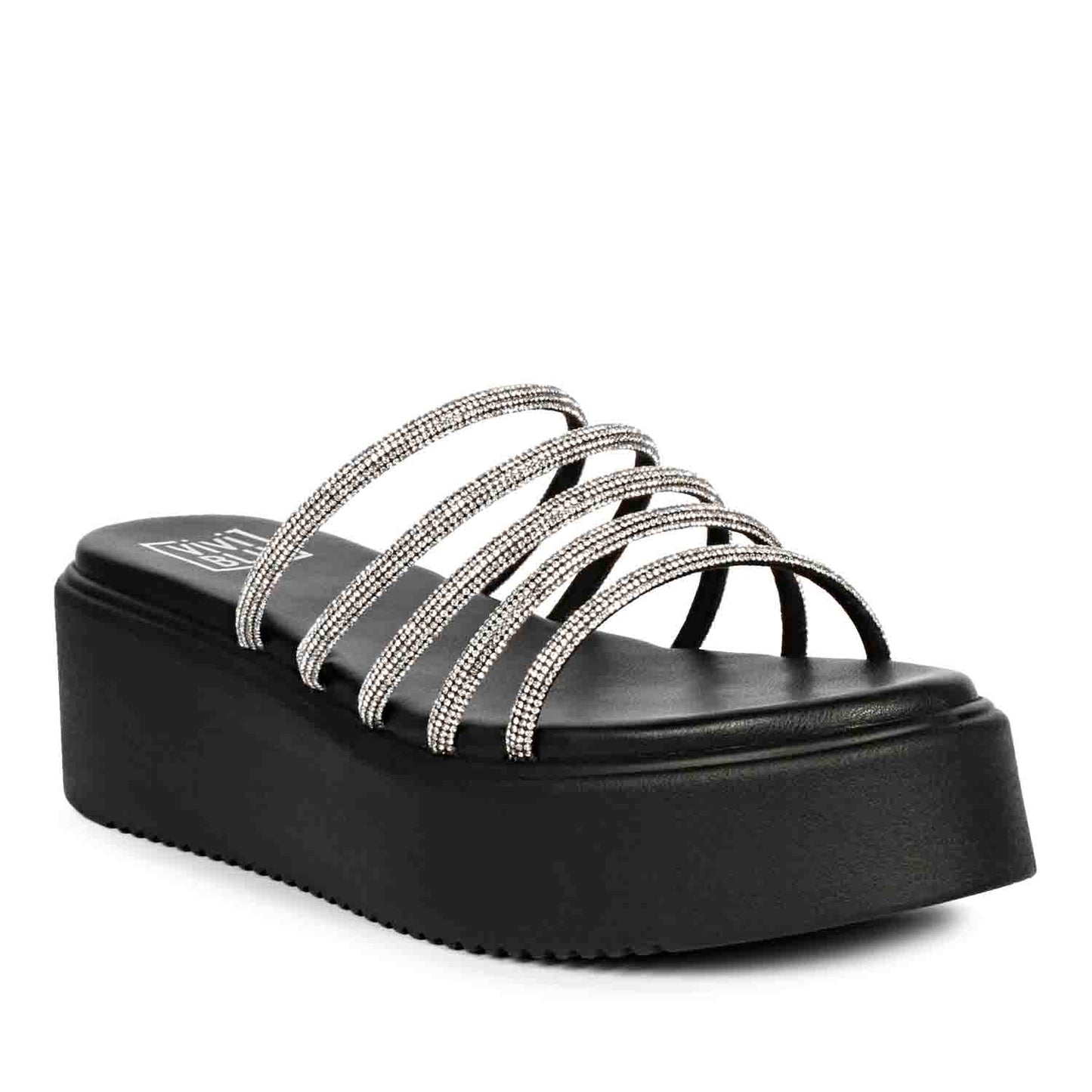 ViviBlu Black Leather Platform Sandals Embellished With White Straps