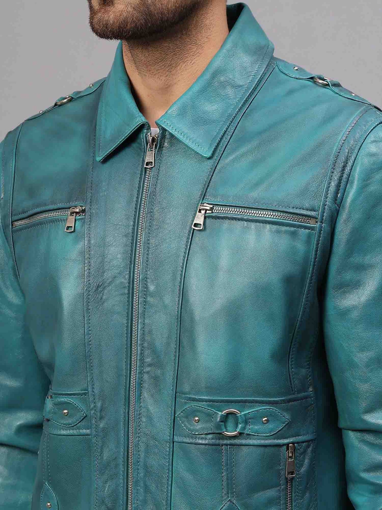 Saint Benjo Blue Turquoise Leather Men's Jacket