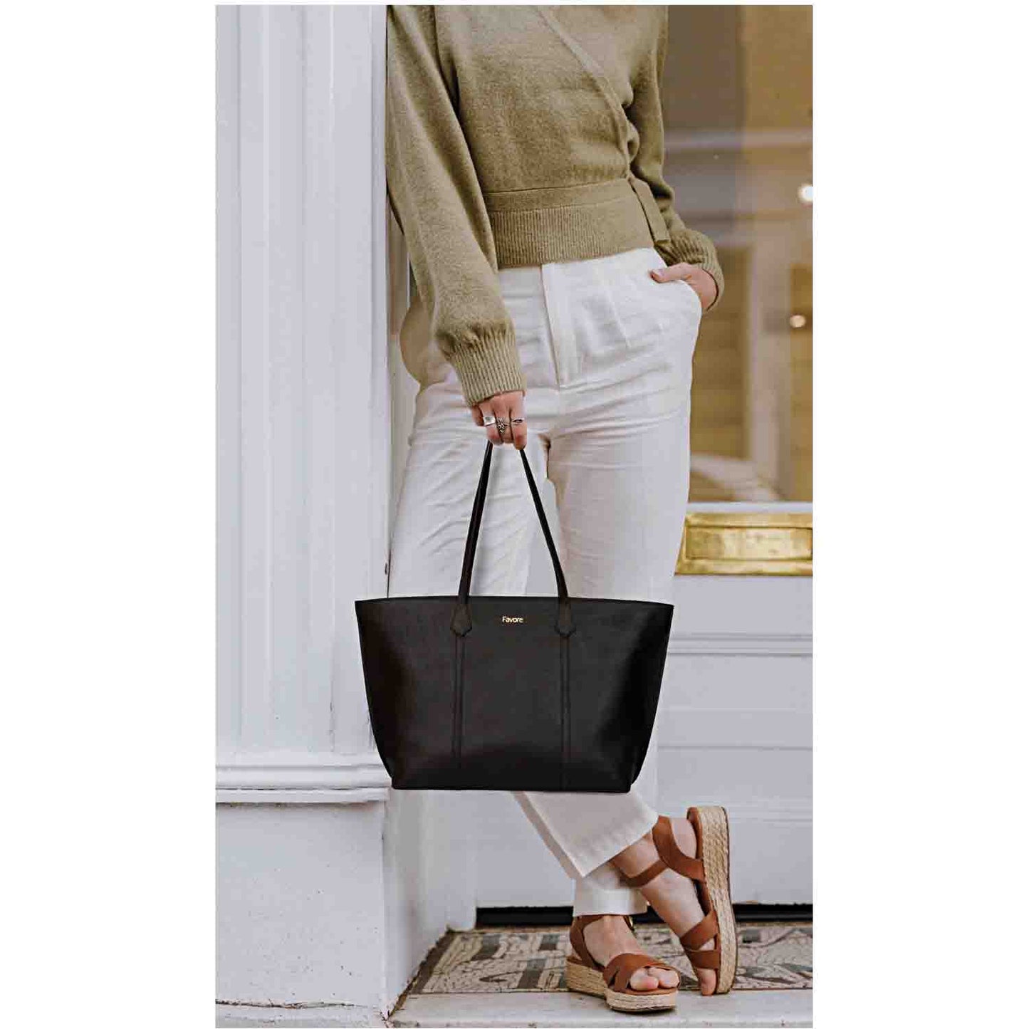 Favore Black Womens Leather Structured Shoulder Bag