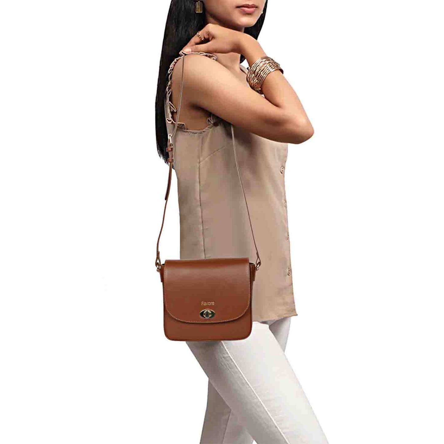 Favore Tan Womens Leather Structured Sling Bag